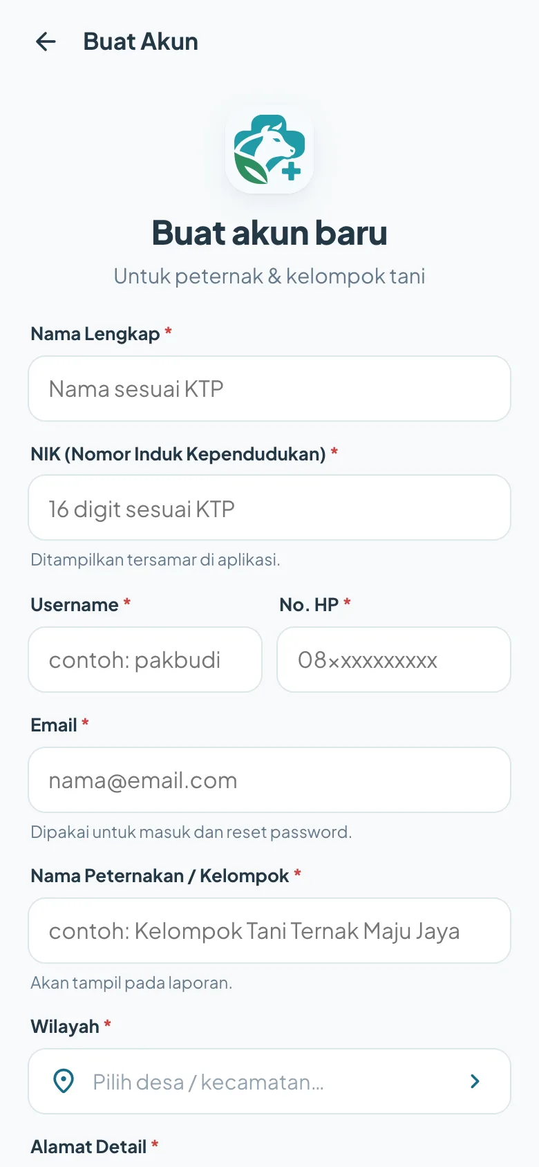 Formulir buat akun TernakCare
