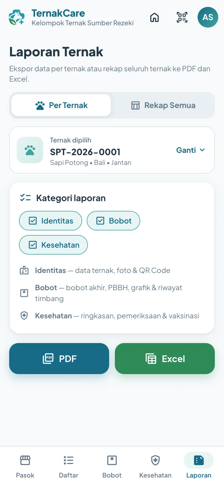 Menu laporan dengan pilihan PDF dan Excel