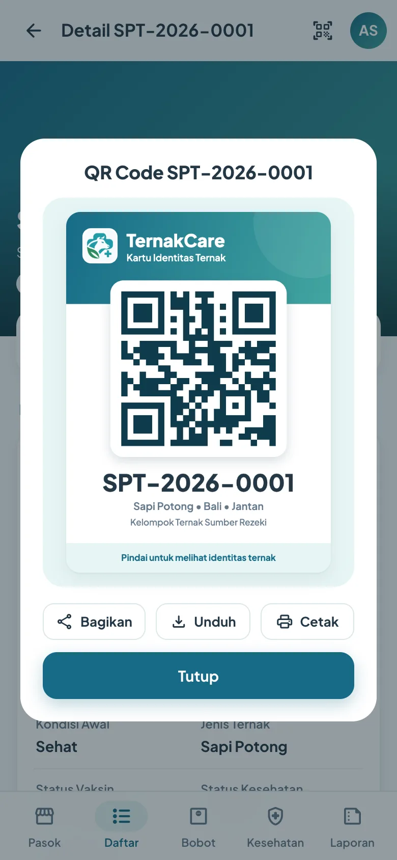 Kartu QR ternak dengan tombol bagikan, unduh, dan cetak