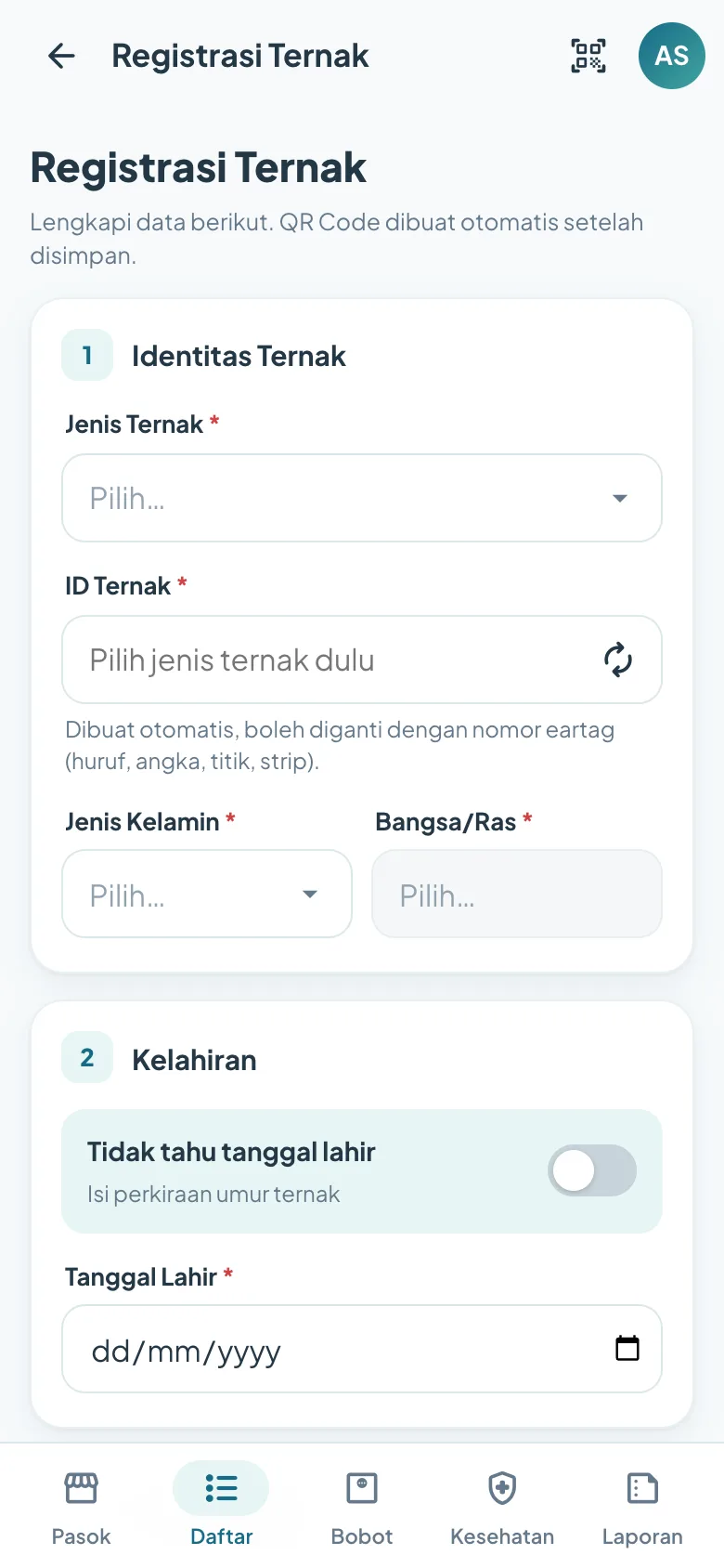 Formulir registrasi ternak
